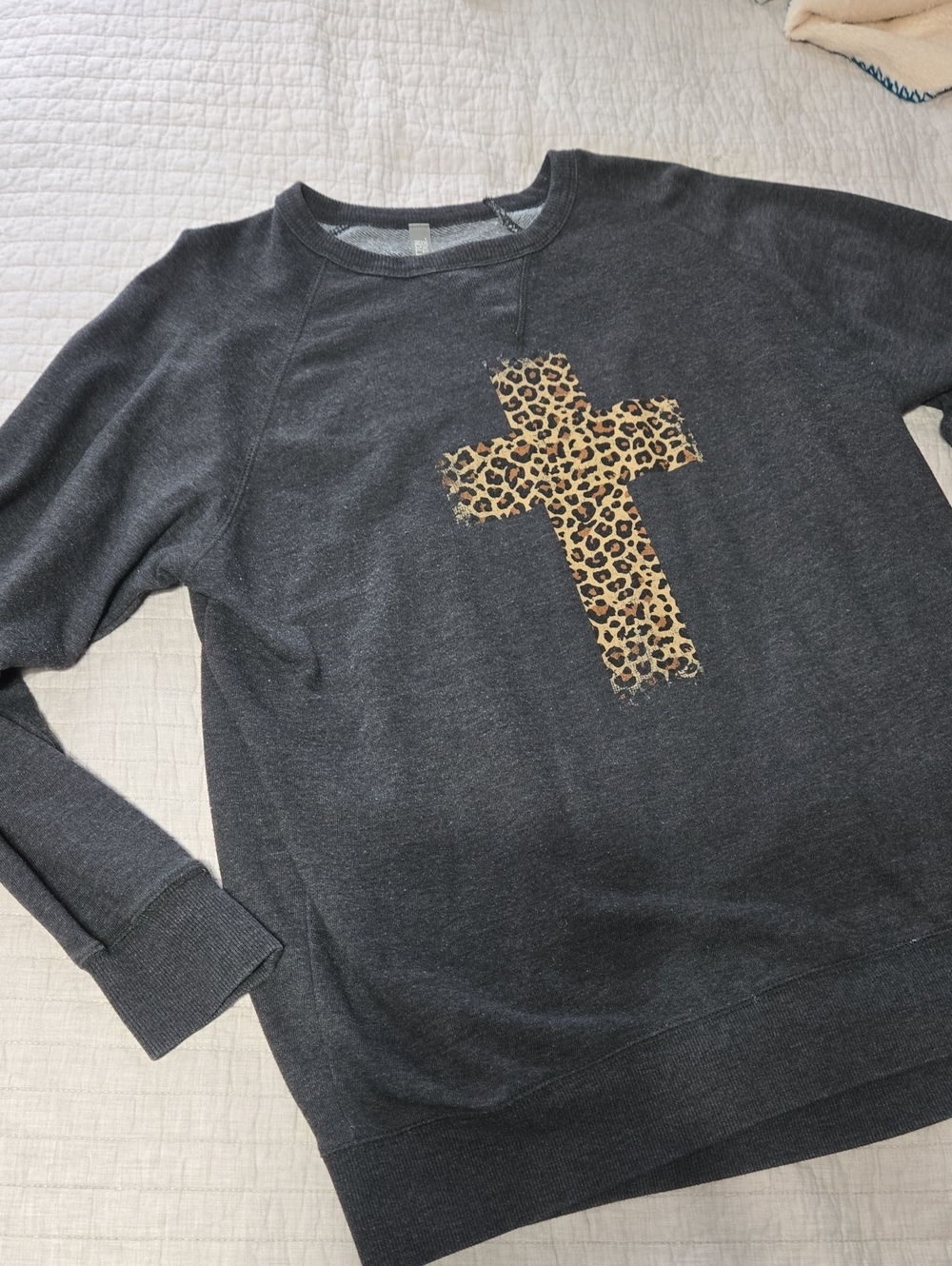 Womens Charcoal Heather Sweatshirt with Leopard-Print Cross